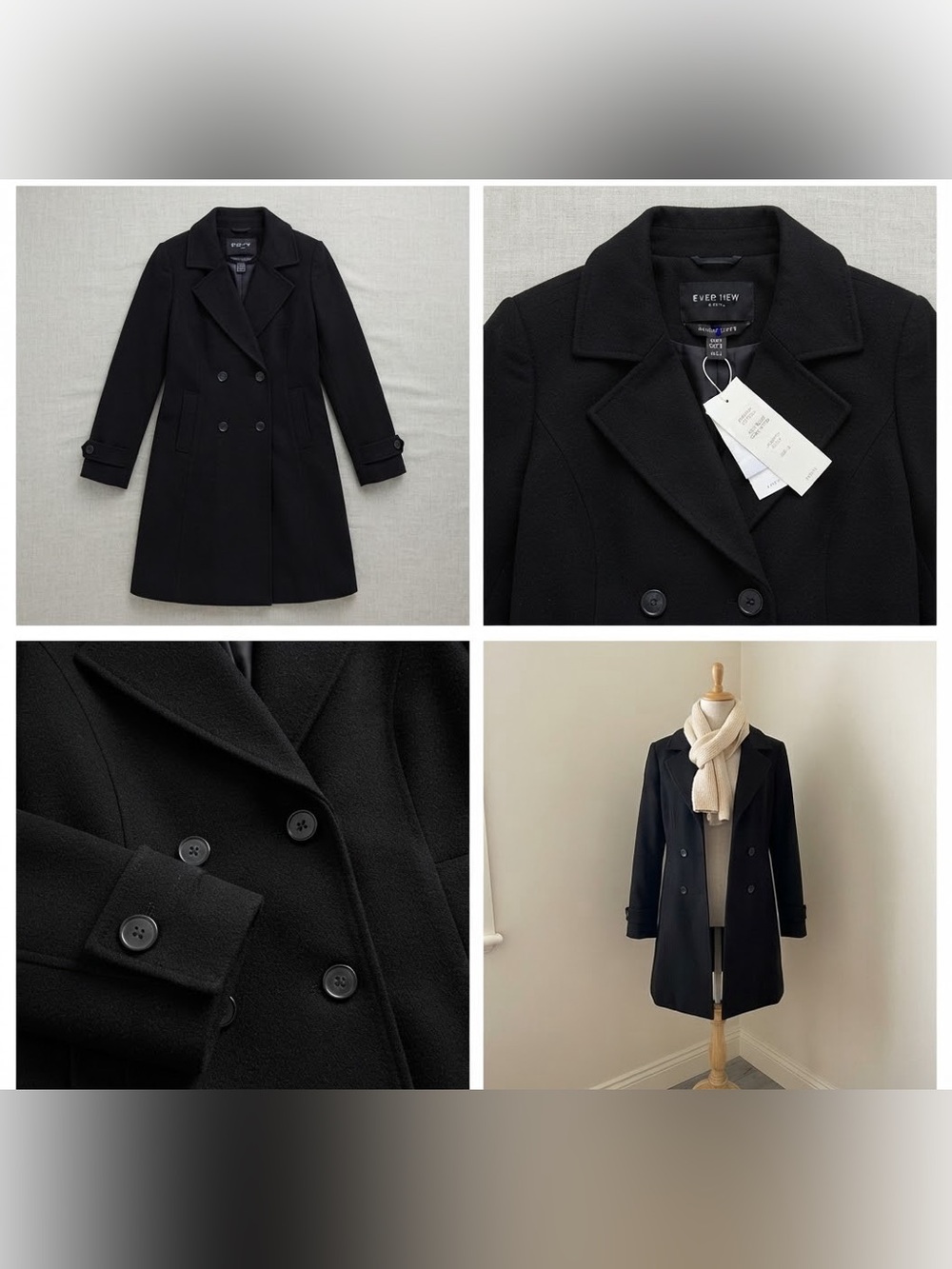 Ever New by ASOS Black Double-Breasted Trench Coat Pea Coat Jacket Size 4 NWT